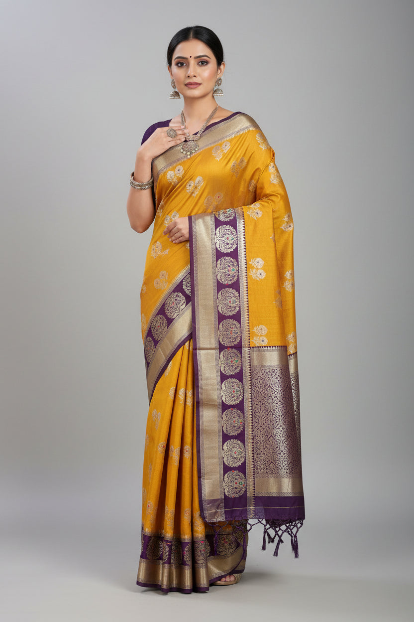 mustrad raw mango with contrast border with meenkari work saree