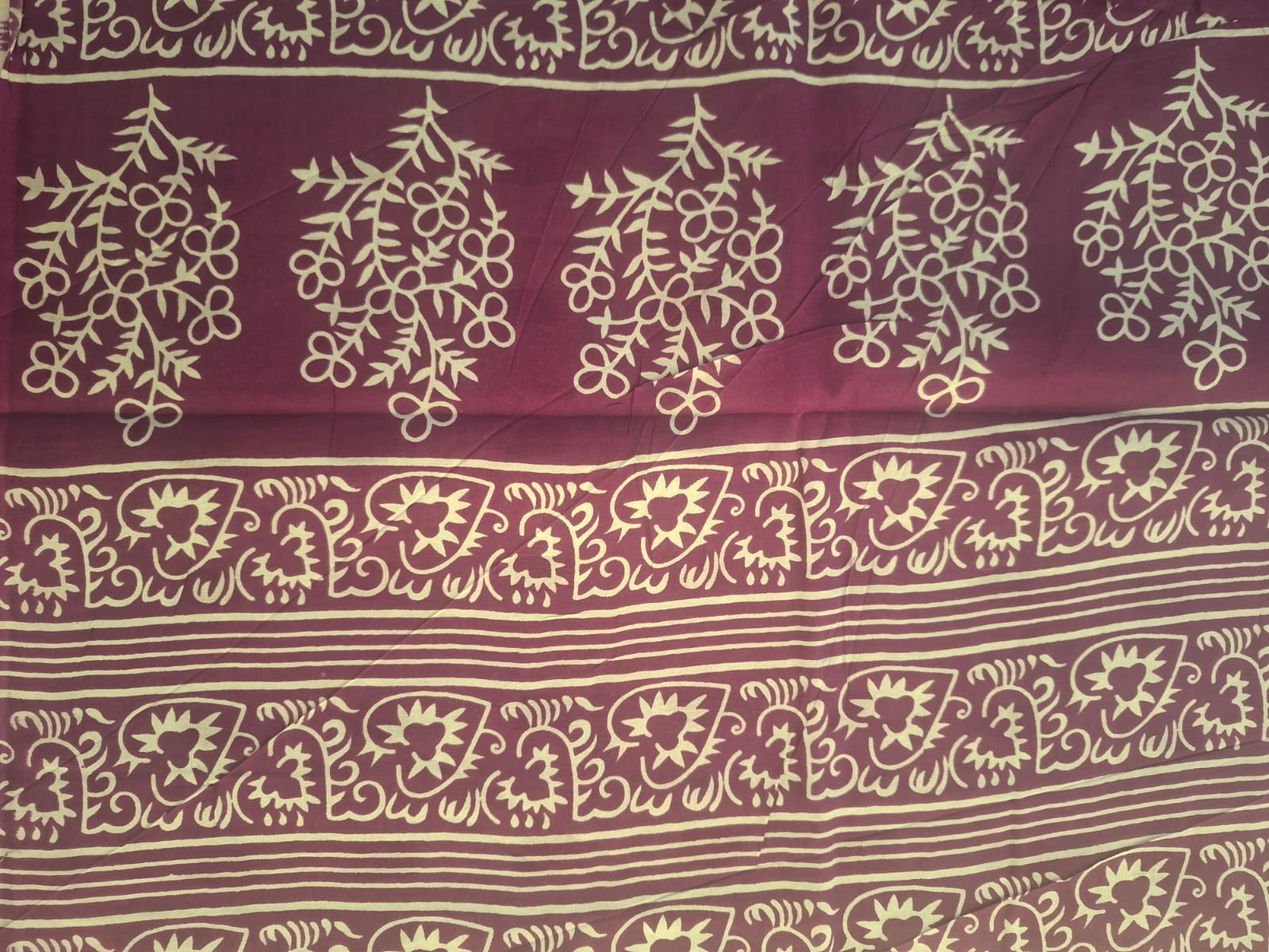 maroon bagru  mul- mul cotton saree