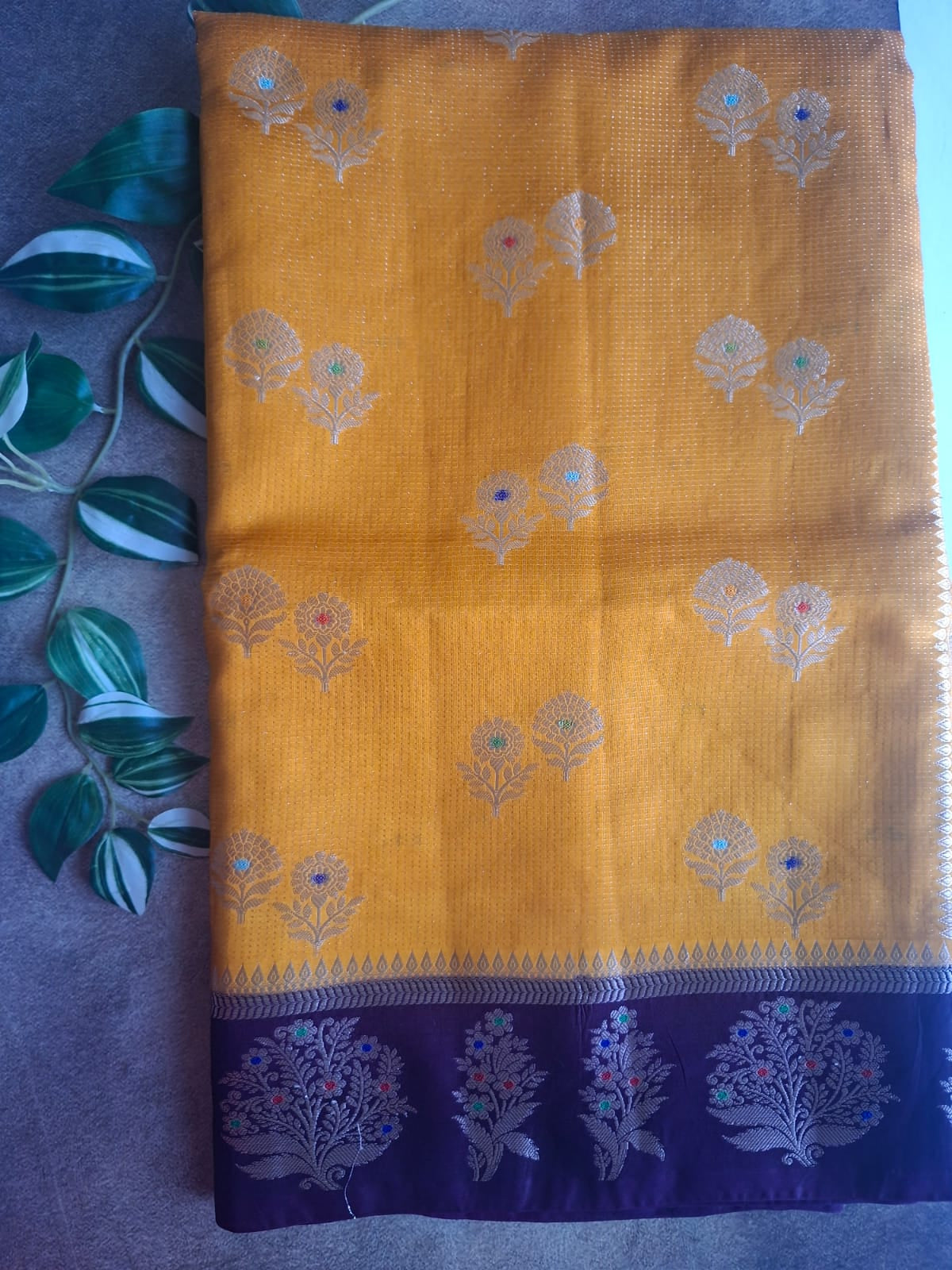 mustrad raw mango with contrast border with meenkari work saree