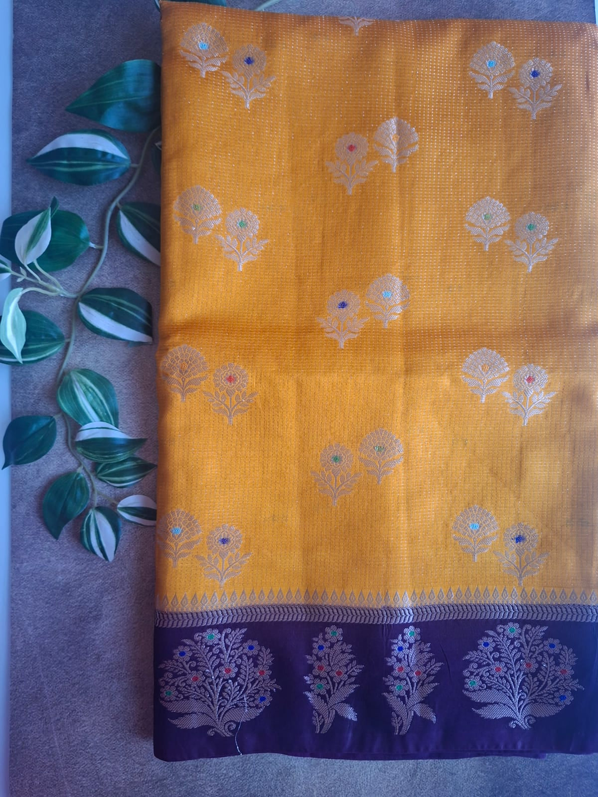 mustrad raw mango with contrast border with meenkari work saree