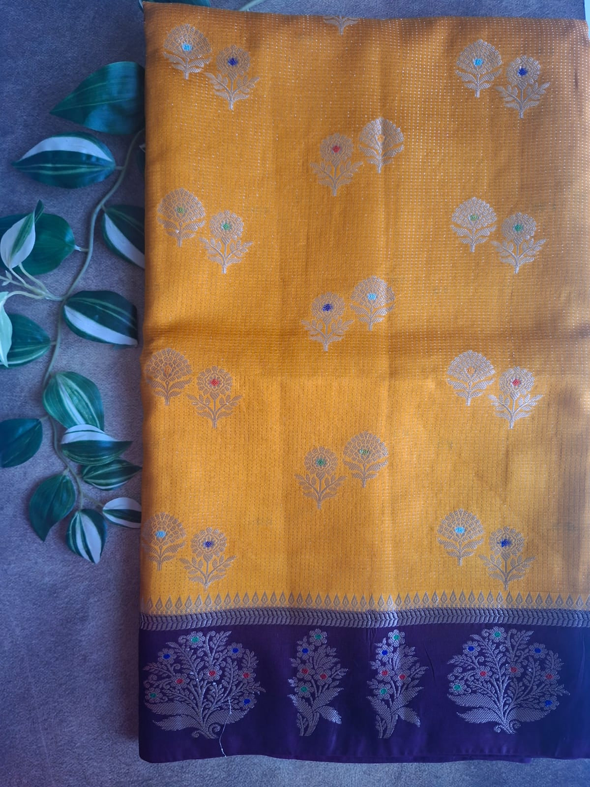 mustrad raw mango with contrast border with meenkari work saree