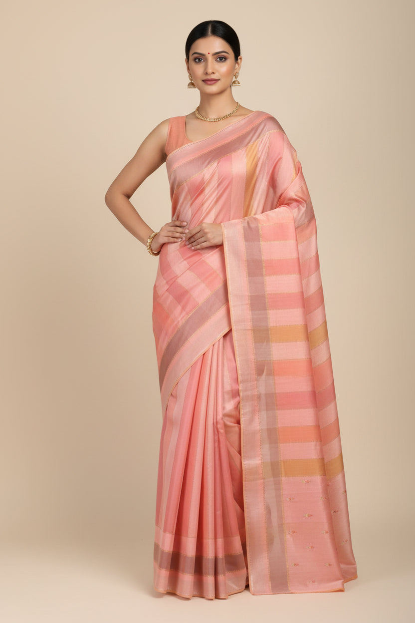 Striped fabric with pink, orange, and yellow colors on a white background