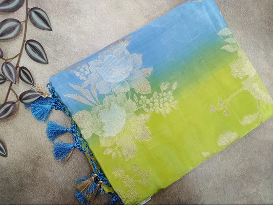 green and blue mushru satin saree
