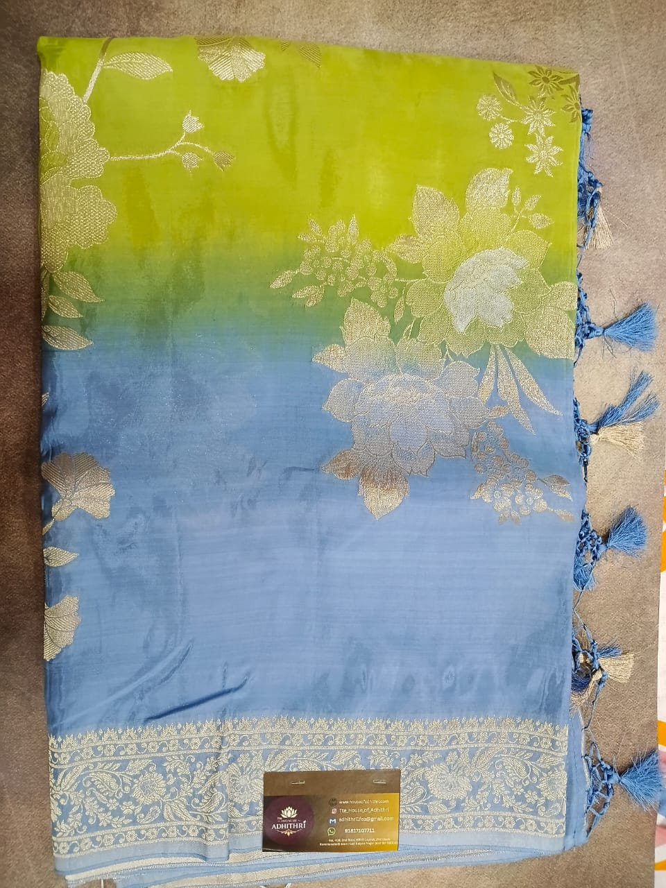 green and blue mushru satin saree