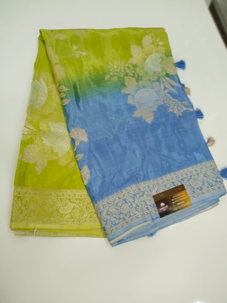 green and blue mushru satin saree