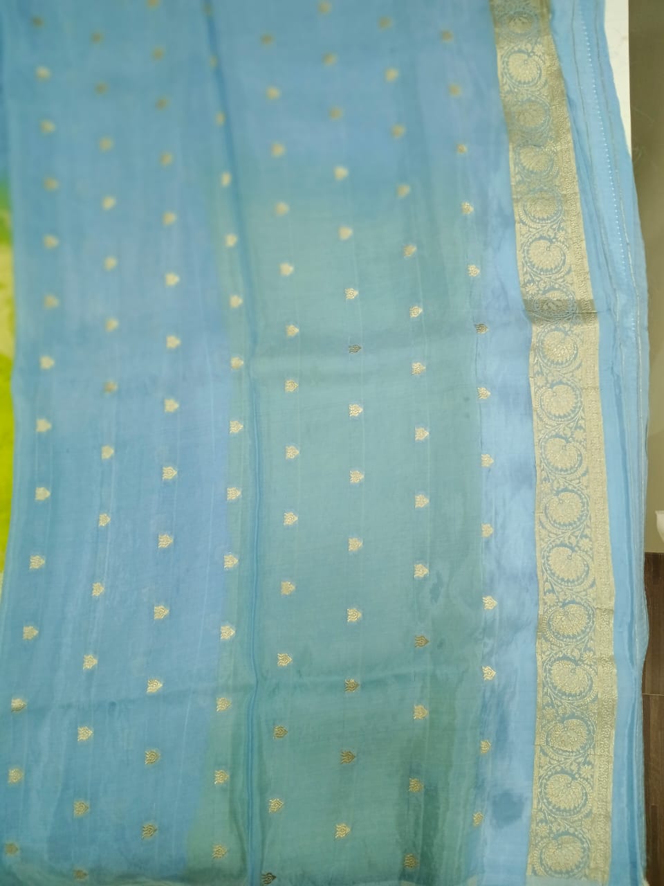 green and blue mushru satin saree