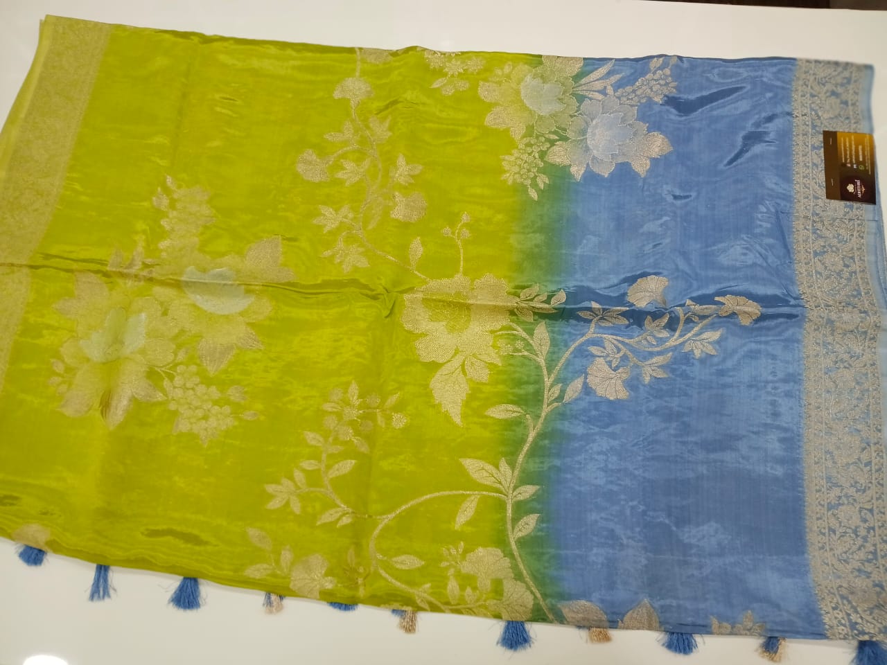 green and blue mushru satin saree