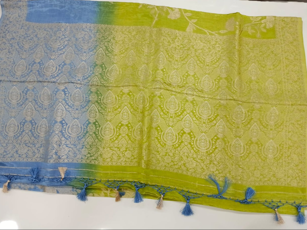 green and blue mushru satin saree