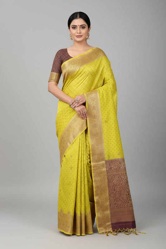 Yellow fabric with black patterns on a white background