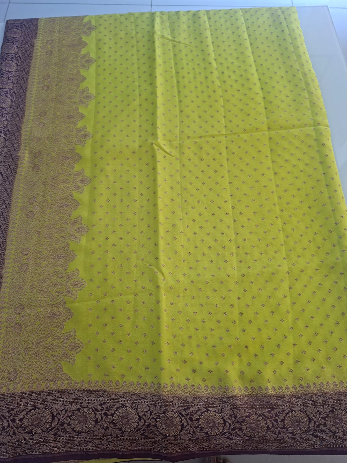 yellow pure kaddi crepe 1000 butta saree