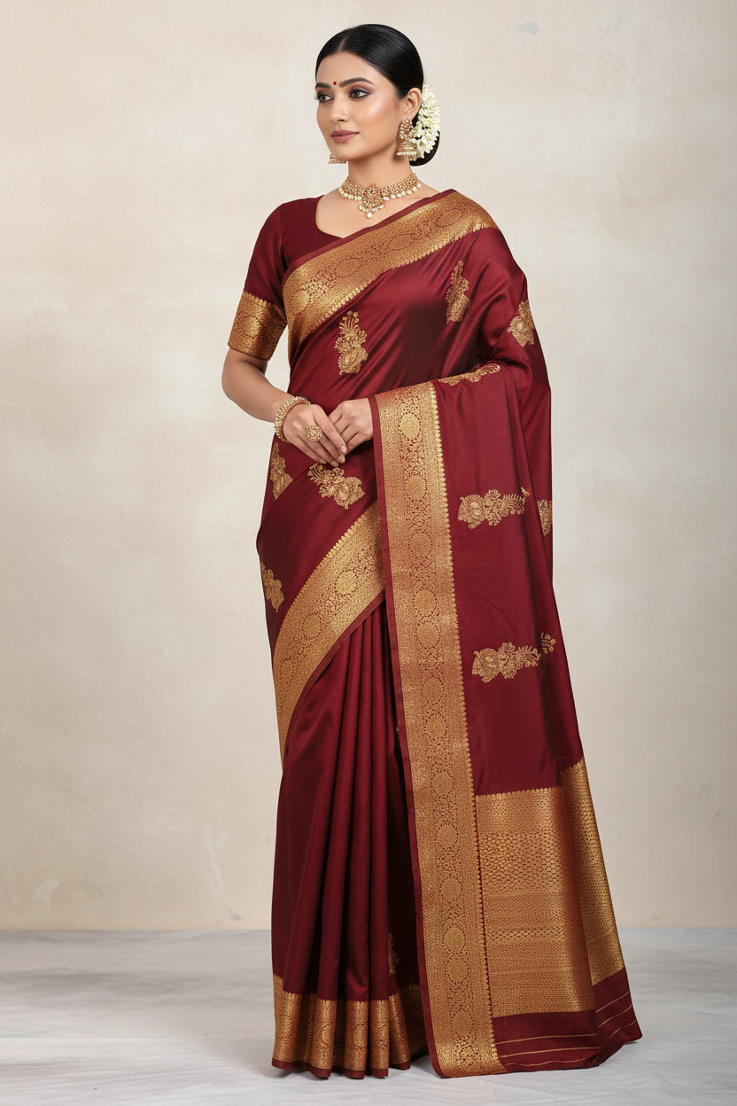 Maroon saree with gold embroidery and border on a light gray background