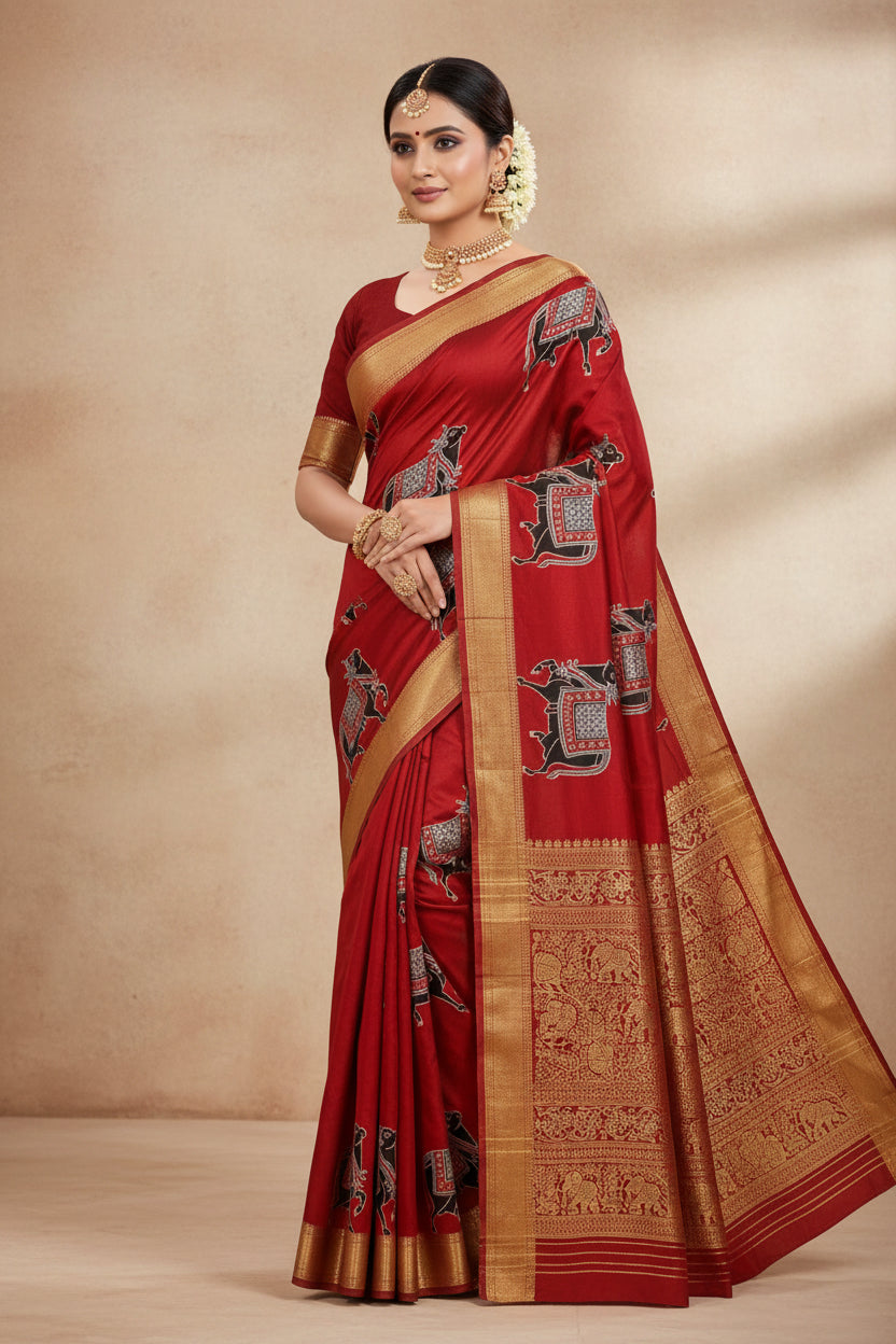 red pure modal dola with cow print saree