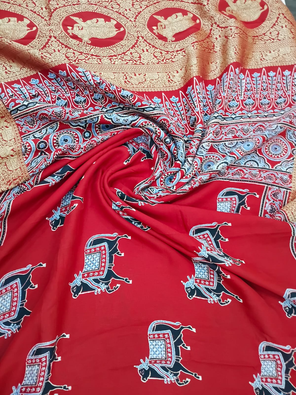 red pure modal dola with cow print saree