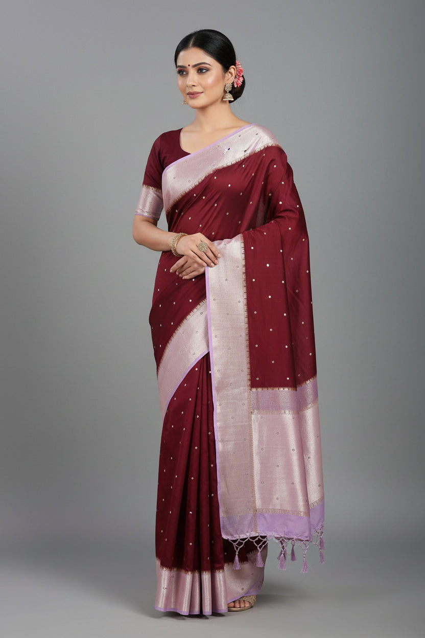 maroon semi raw silk saree