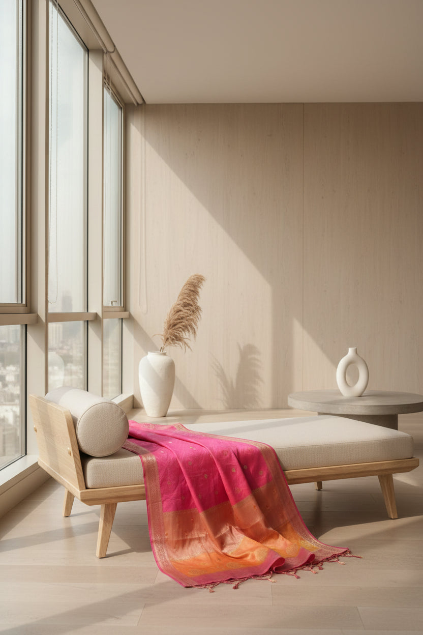 Gradient fabric with pink, orange, and gold colors on a white background