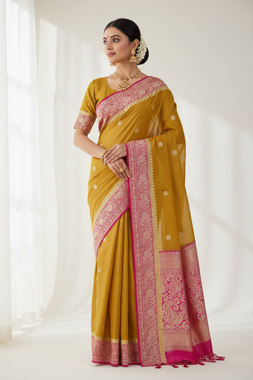 mustrad Benaras  with pink border pure chiffon saree