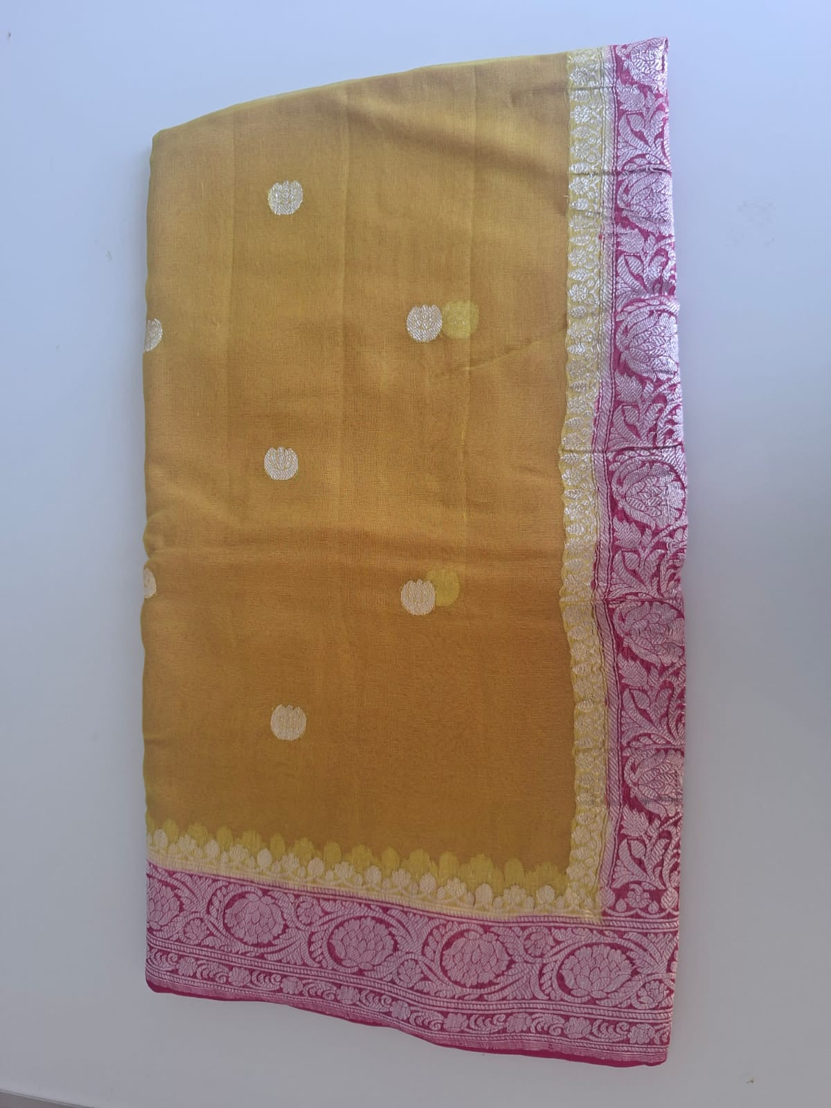 mustrad Benaras  with pink border pure chiffon saree