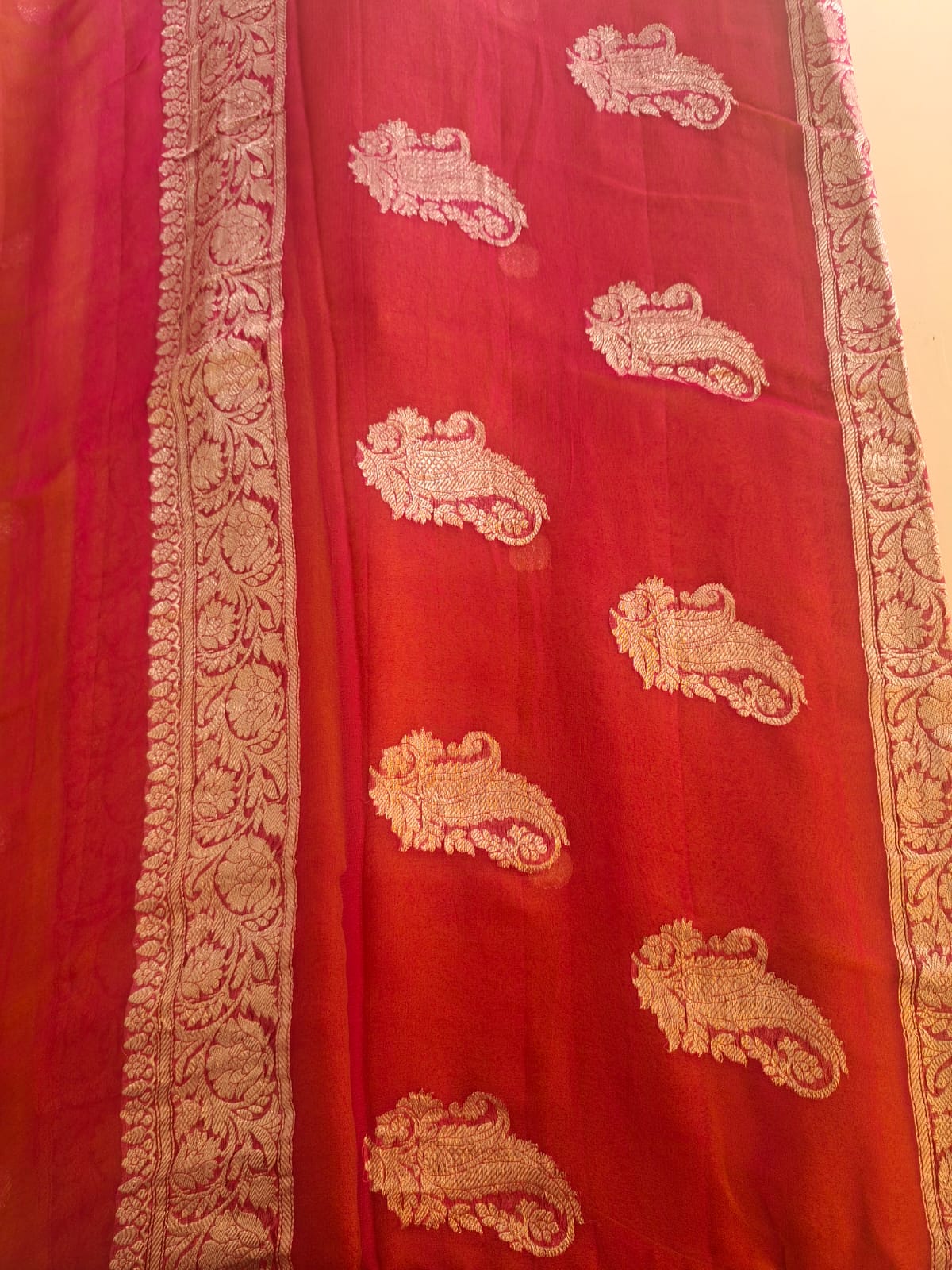 mustrad Benaras  with pink border pure chiffon saree