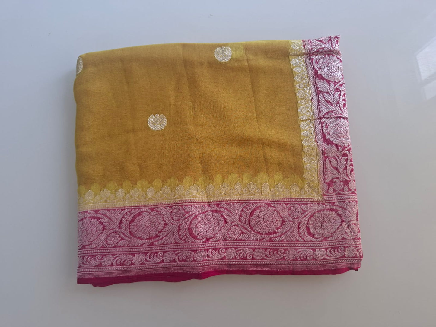 mustrad Benaras  with pink border pure chiffon saree