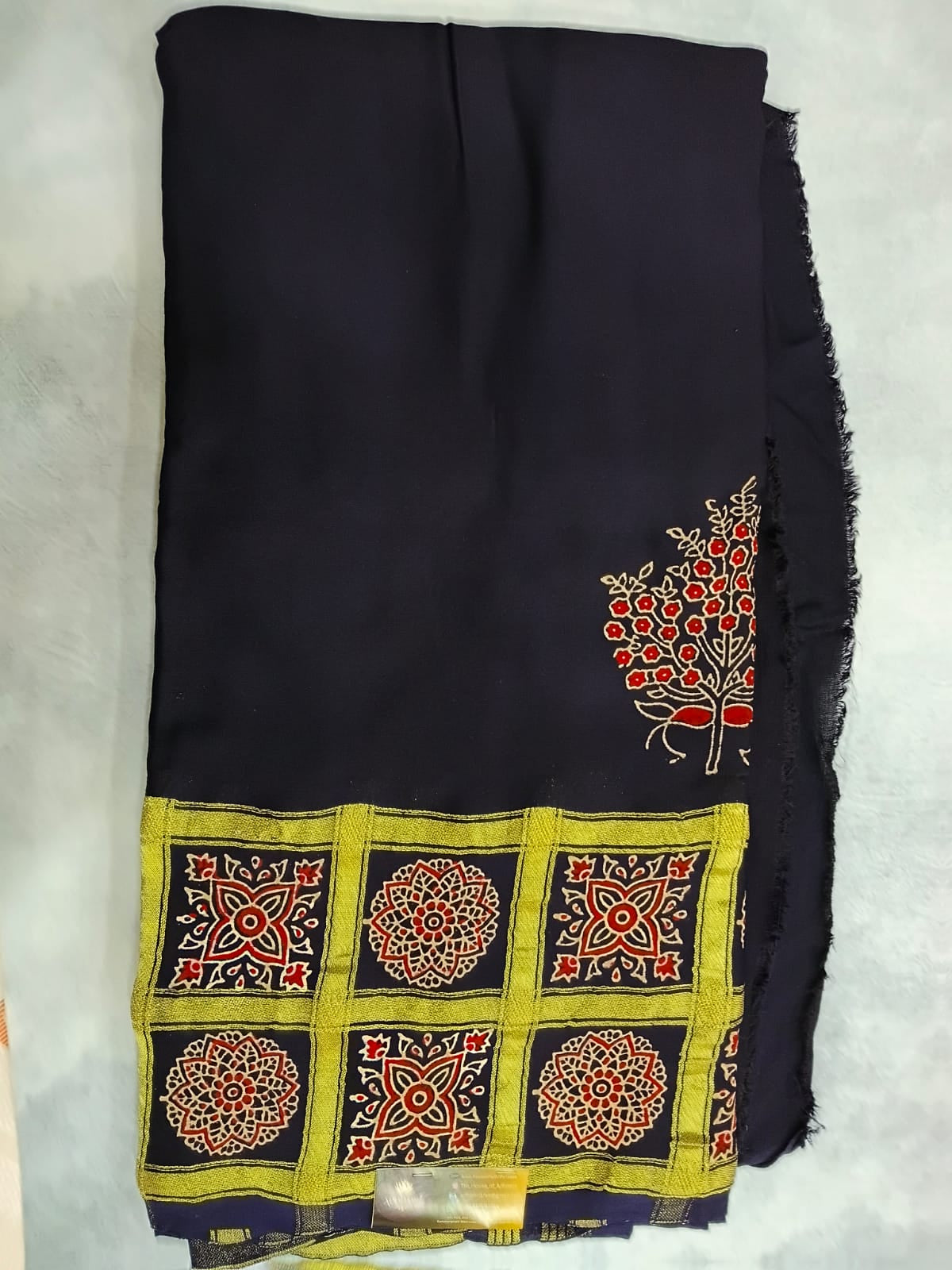 red ajrak modal silk saree