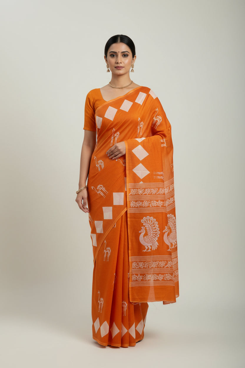 orange  bagru  mul- mul cotton saree