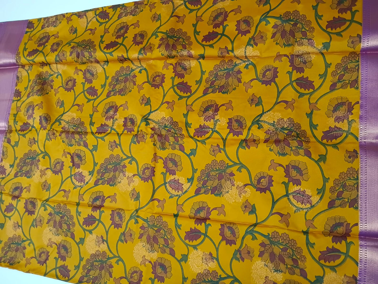 mustard kalamkari digital print semi silk saree