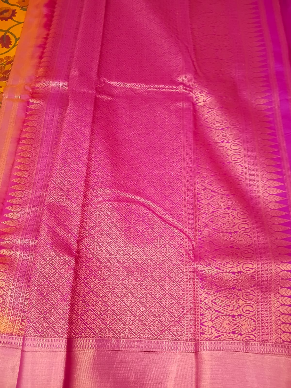 mustard kalamkari digital print semi silk saree