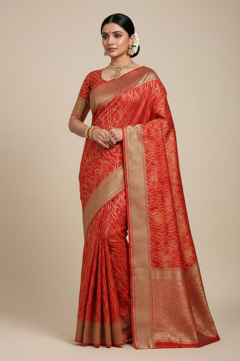 Red fabric with wavy white pattern on a white background