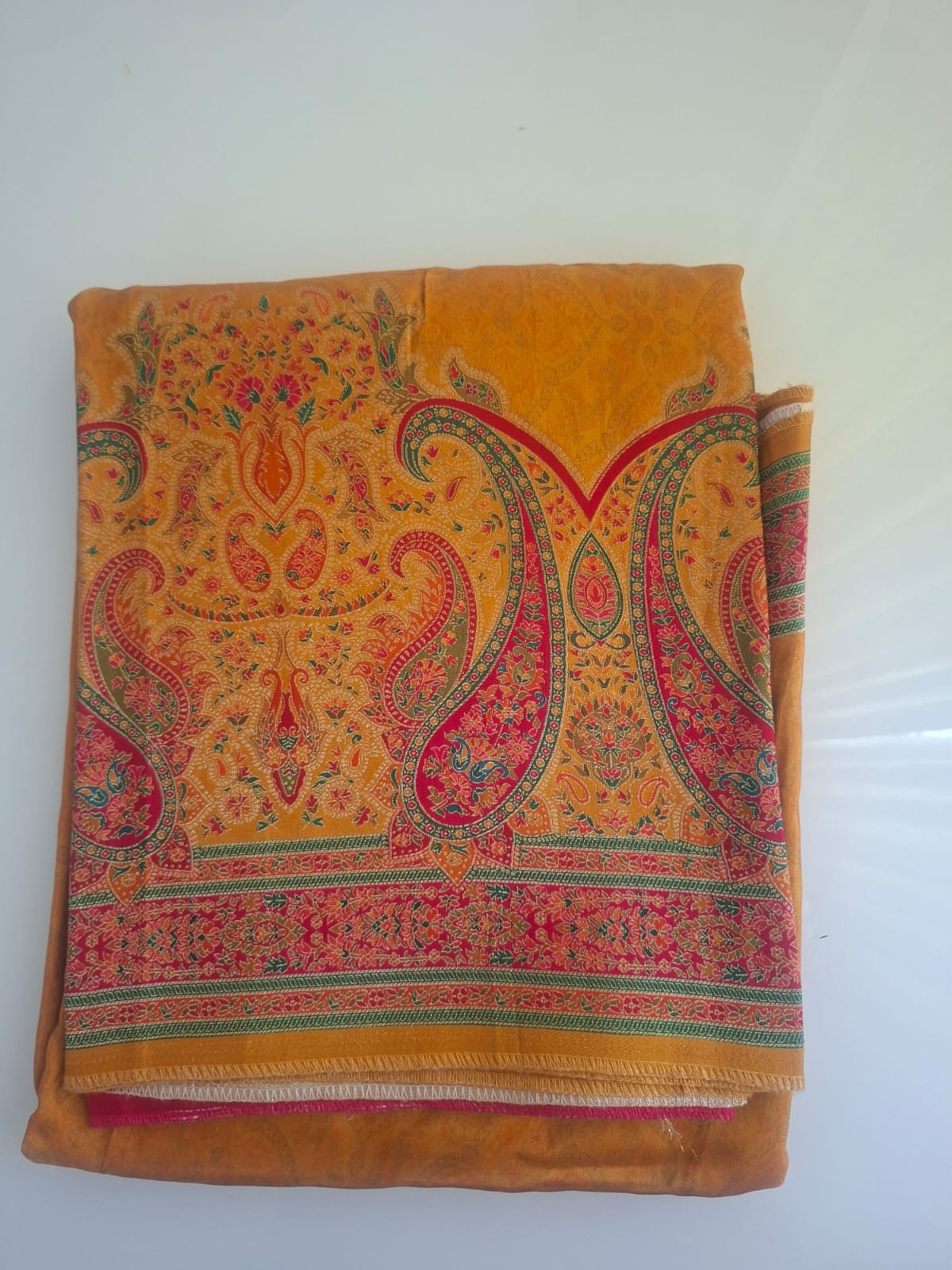 Orange satin crepe with floral print  pashimna saree