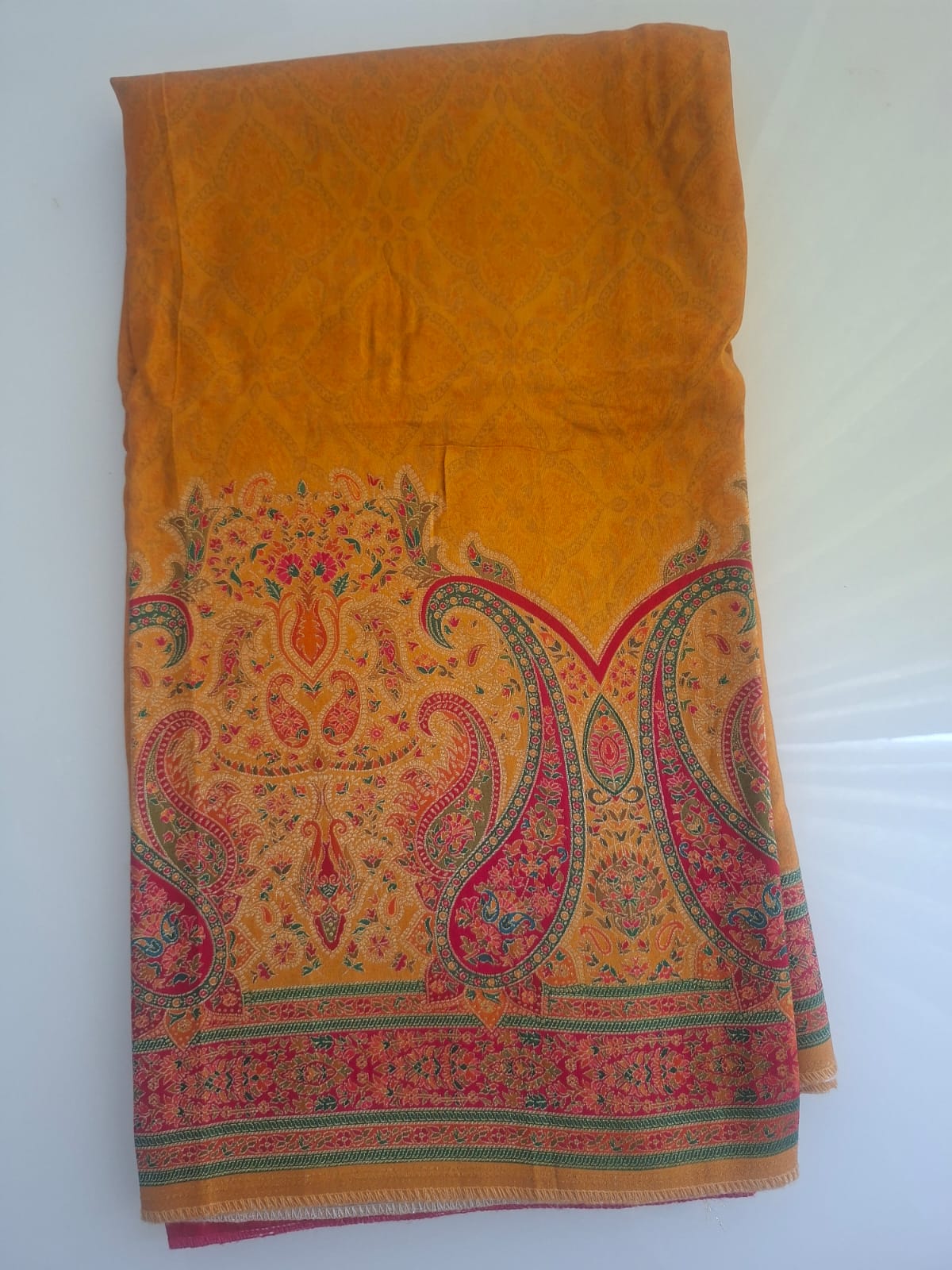 Orange satin crepe with floral print  pashimna saree