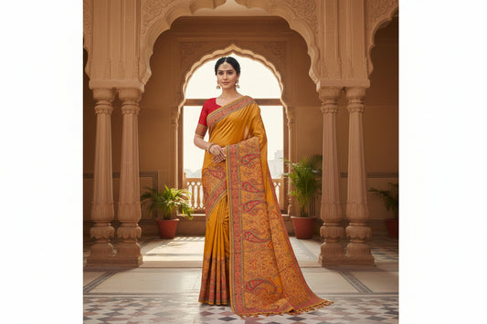 Orange fabric with intricate paisley pattern on a white background