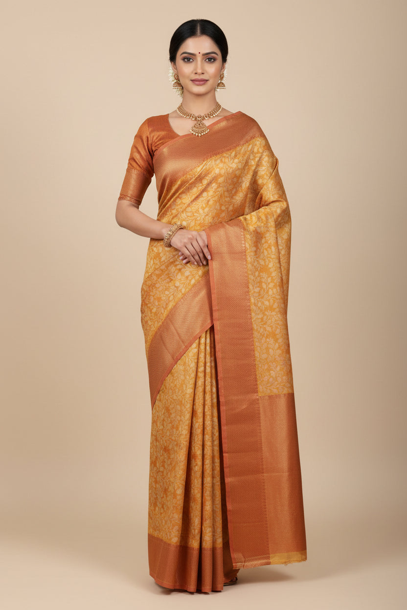 Folded fabric with orange and yellow pattern on a gray surface