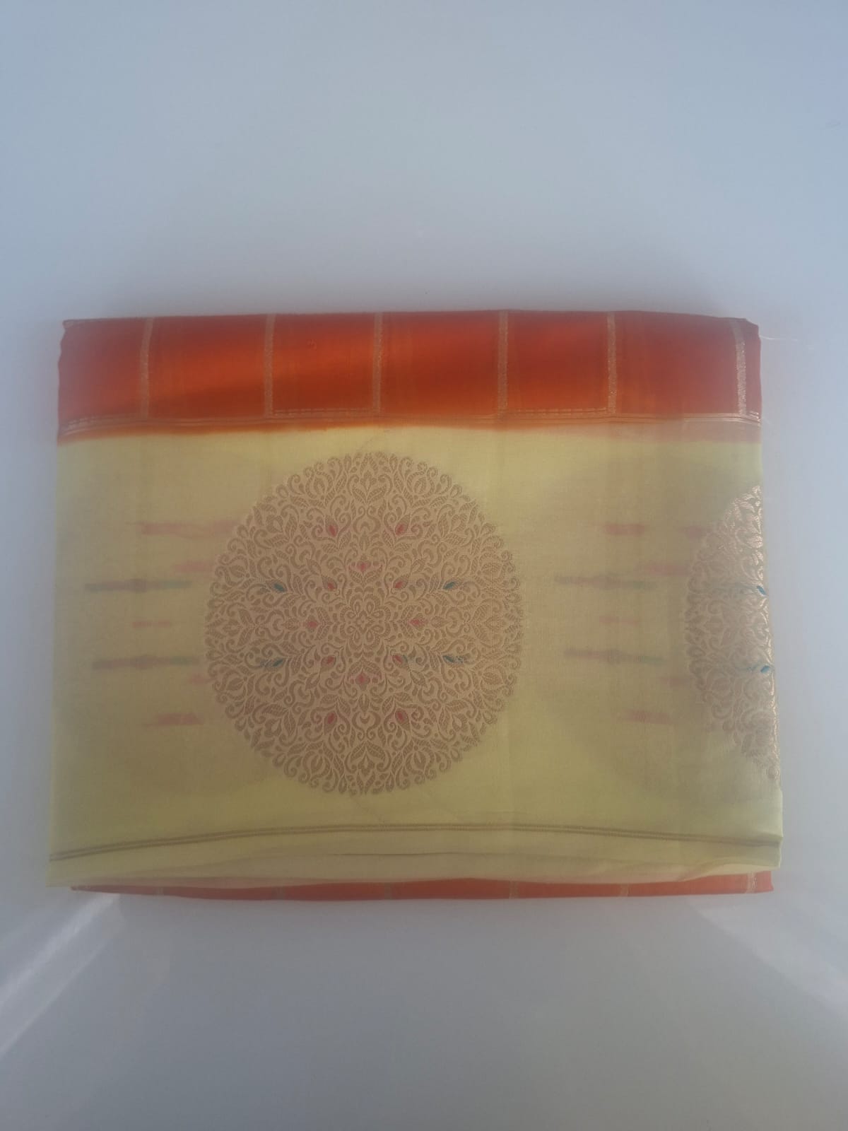 orange green mango with yellow border saree