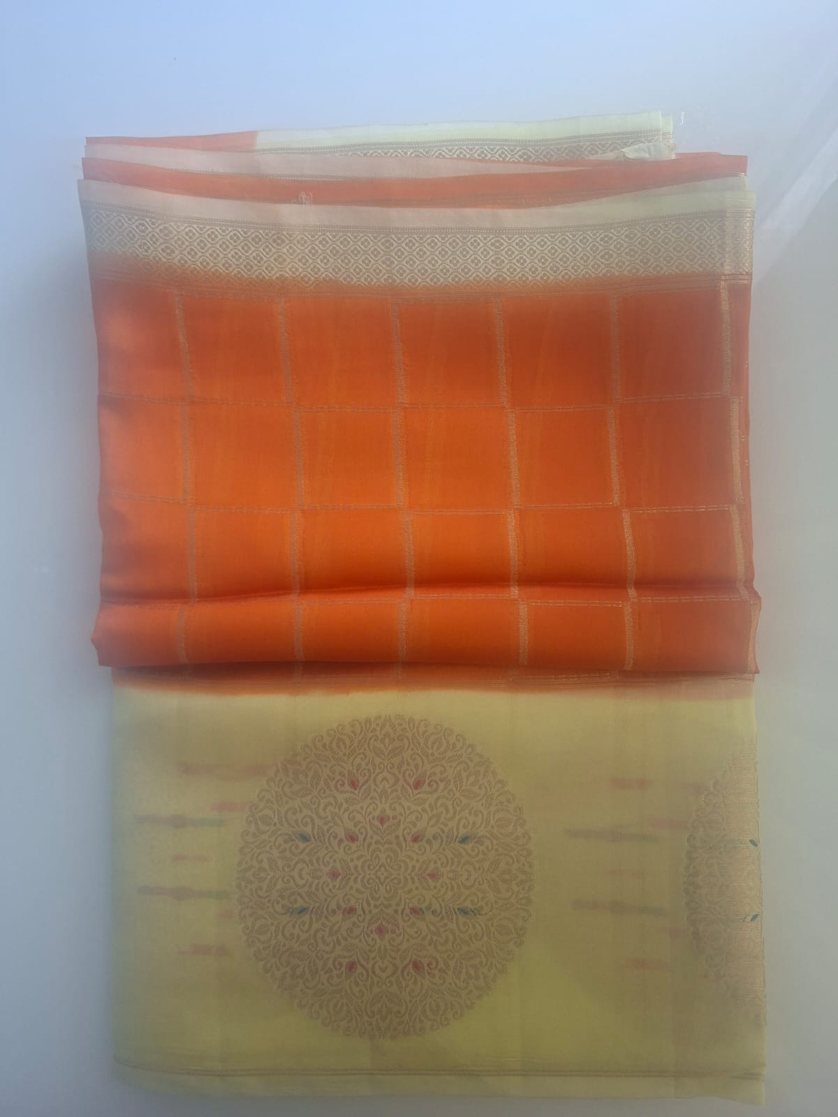 orange green mango with yellow border saree