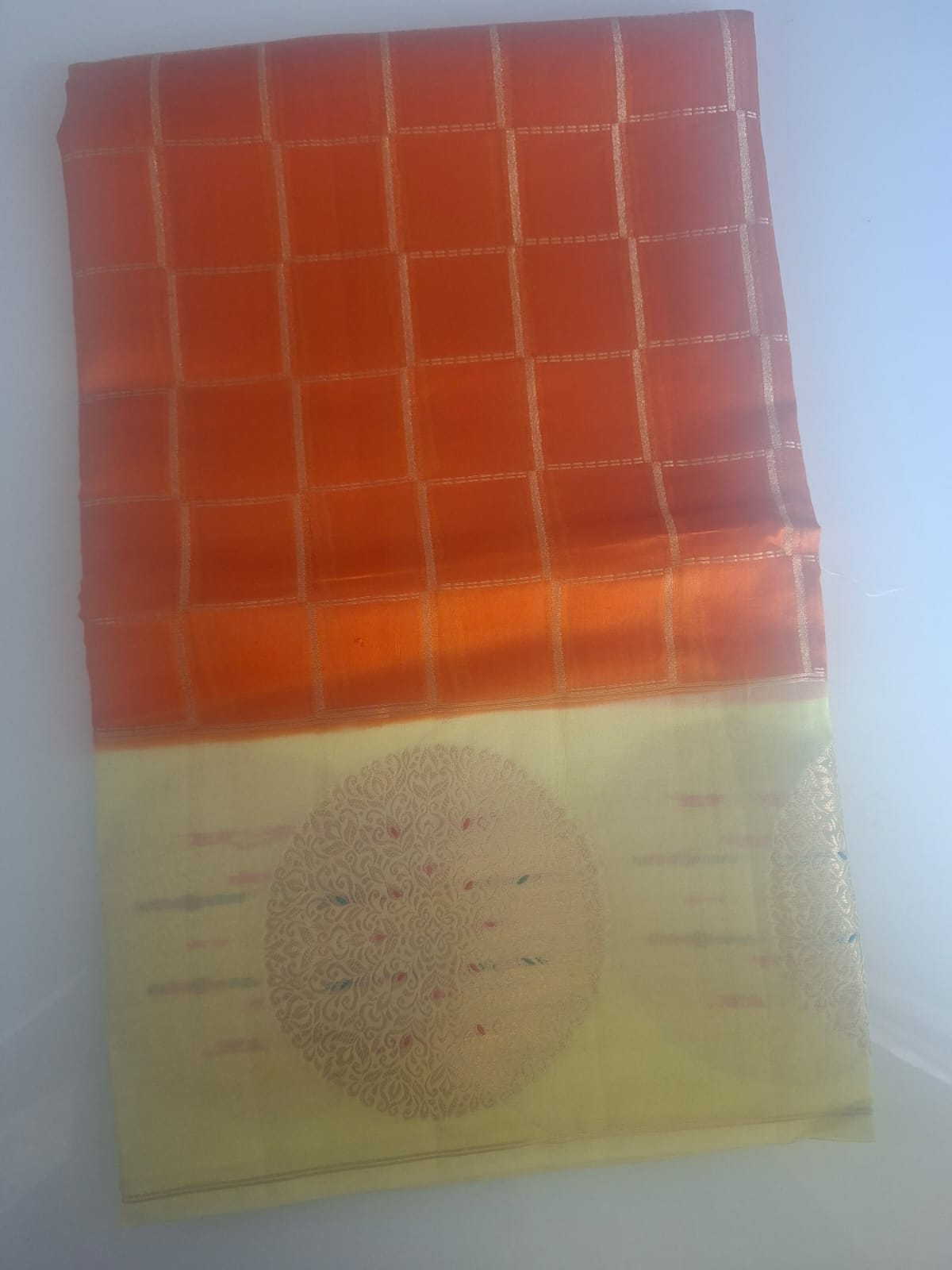 orange green mango with yellow border saree