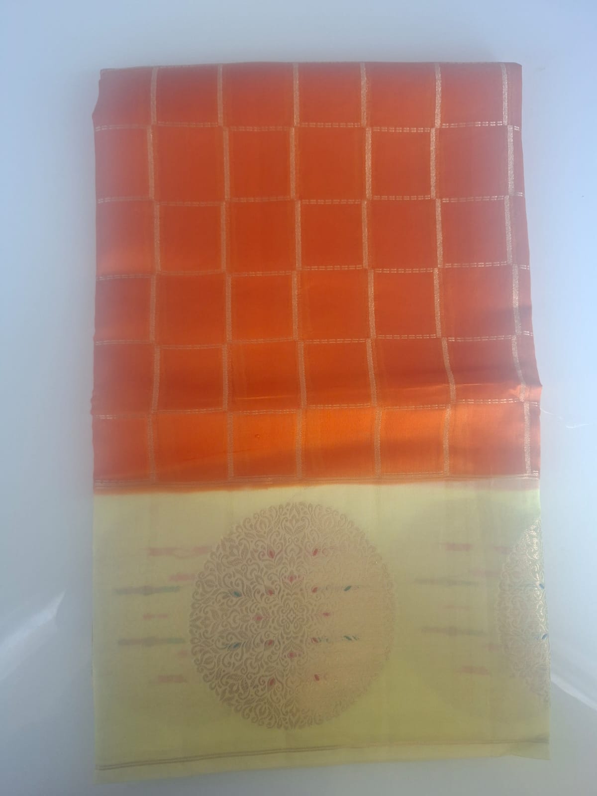 orange green mango with yellow border saree