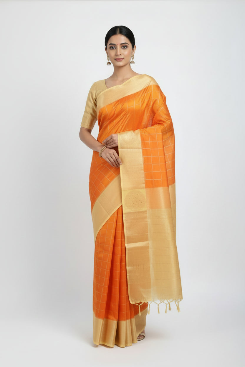 orange green mango with yellow border saree