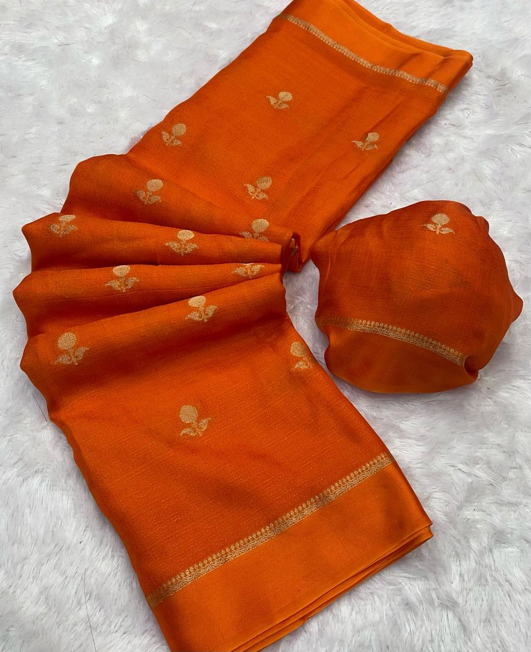 orange viscose khadi silk fabric with satin border