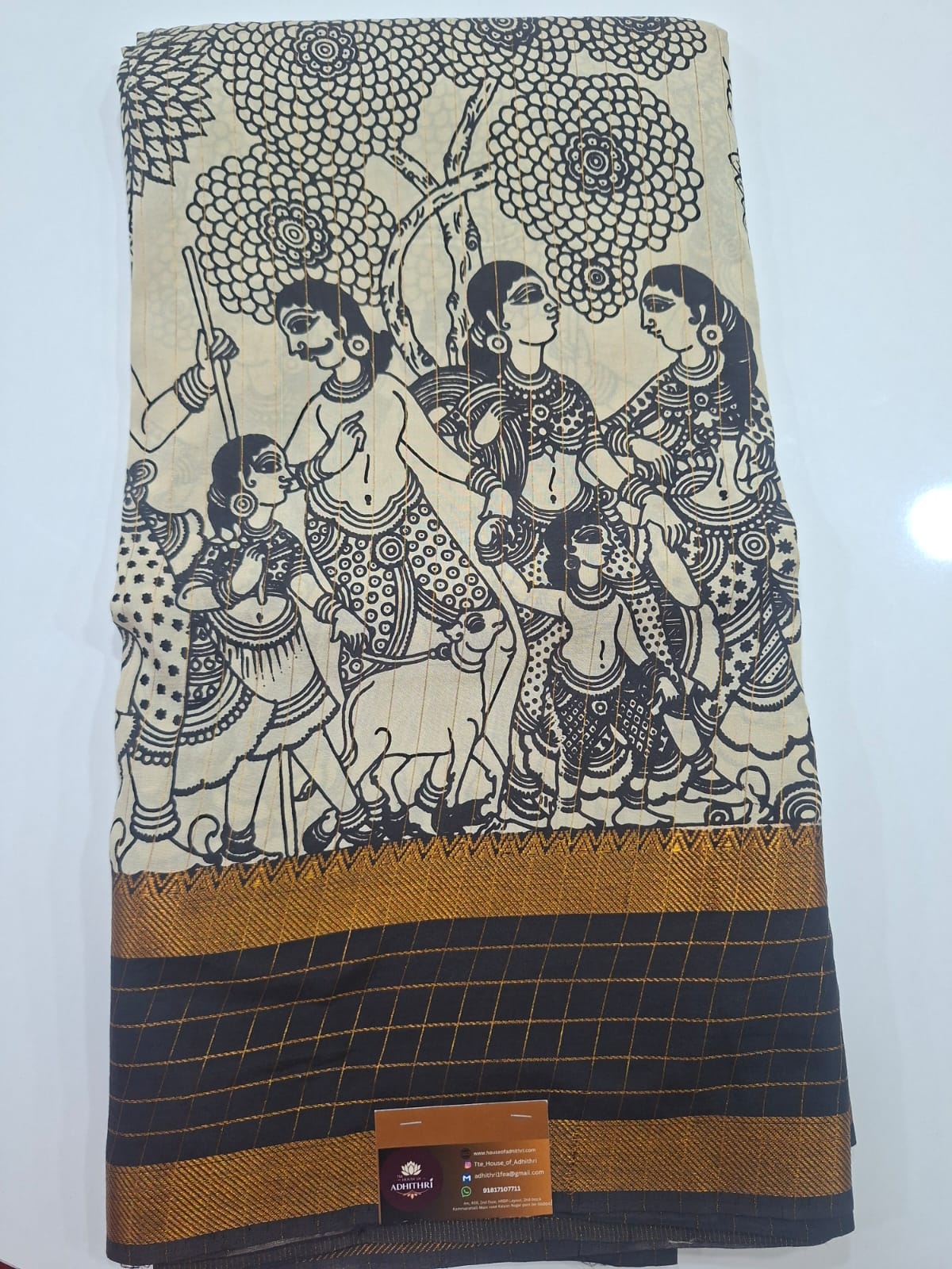 pen kalamkari black and white  silk saree