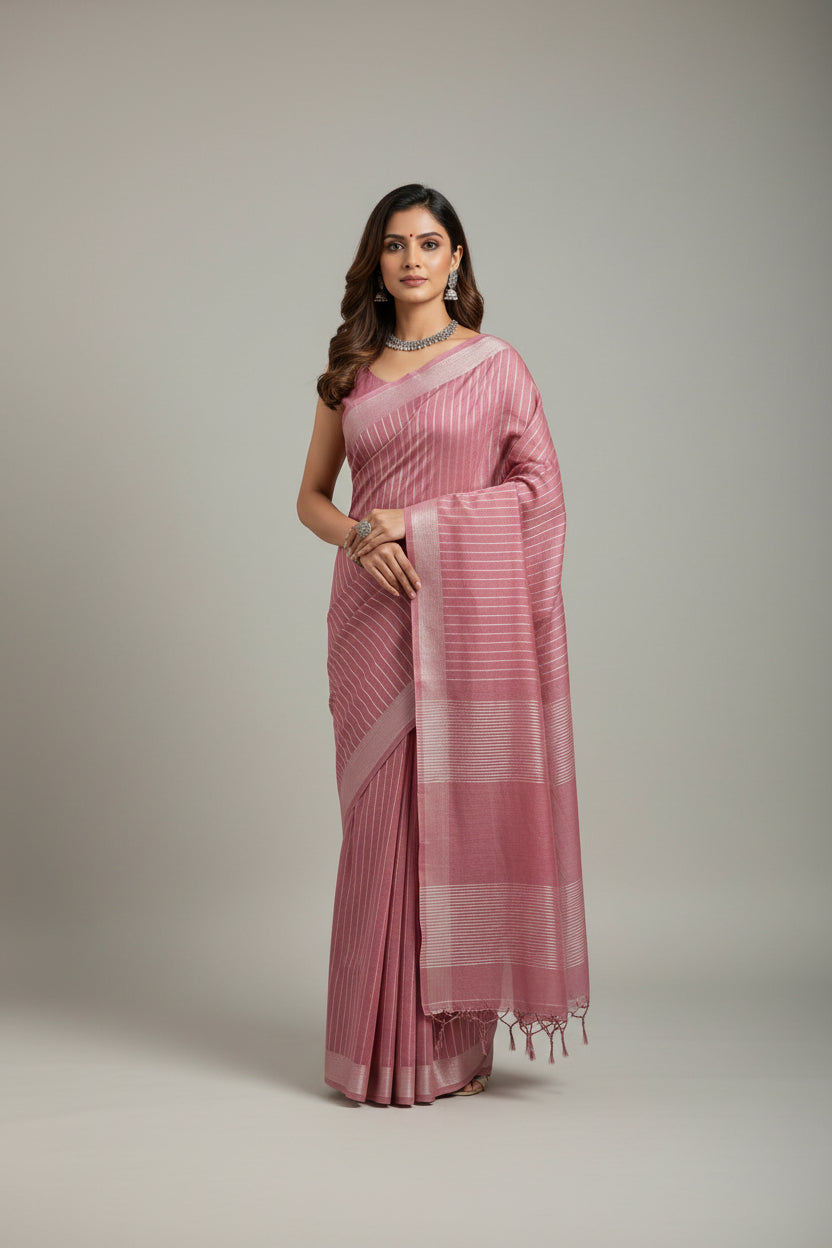 Folded pink and white striped fabric on a gray surface