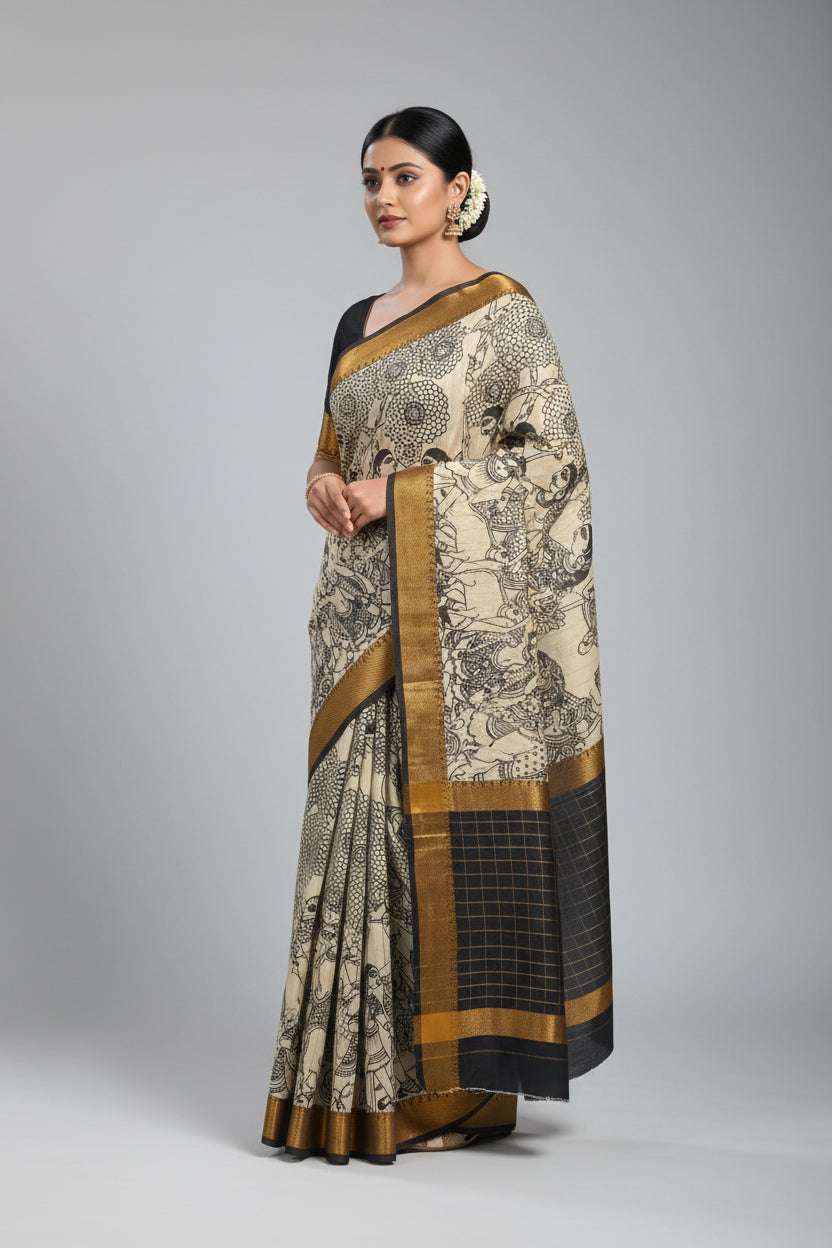 Traditional fabric with intricate black and white design on a beige background, featuring people and animals, with a brown border.