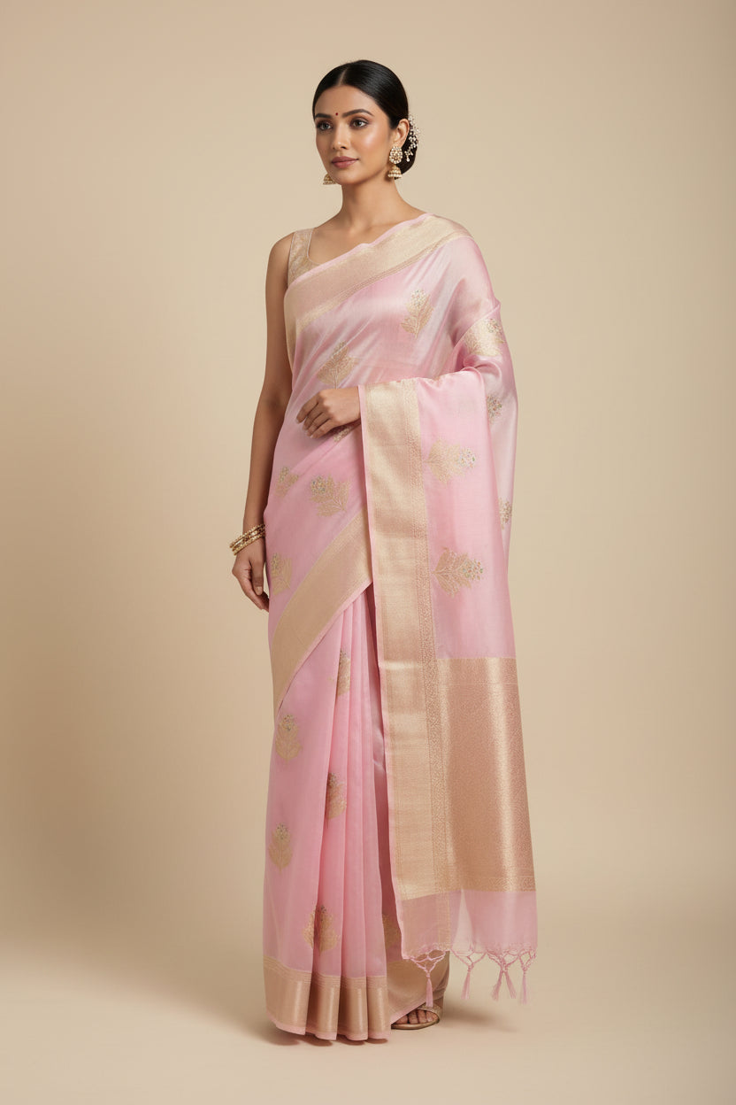 Pink fabric with gold patterns on a brown surface