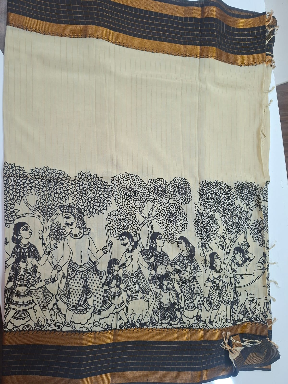 pen kalamkari black and white  silk saree