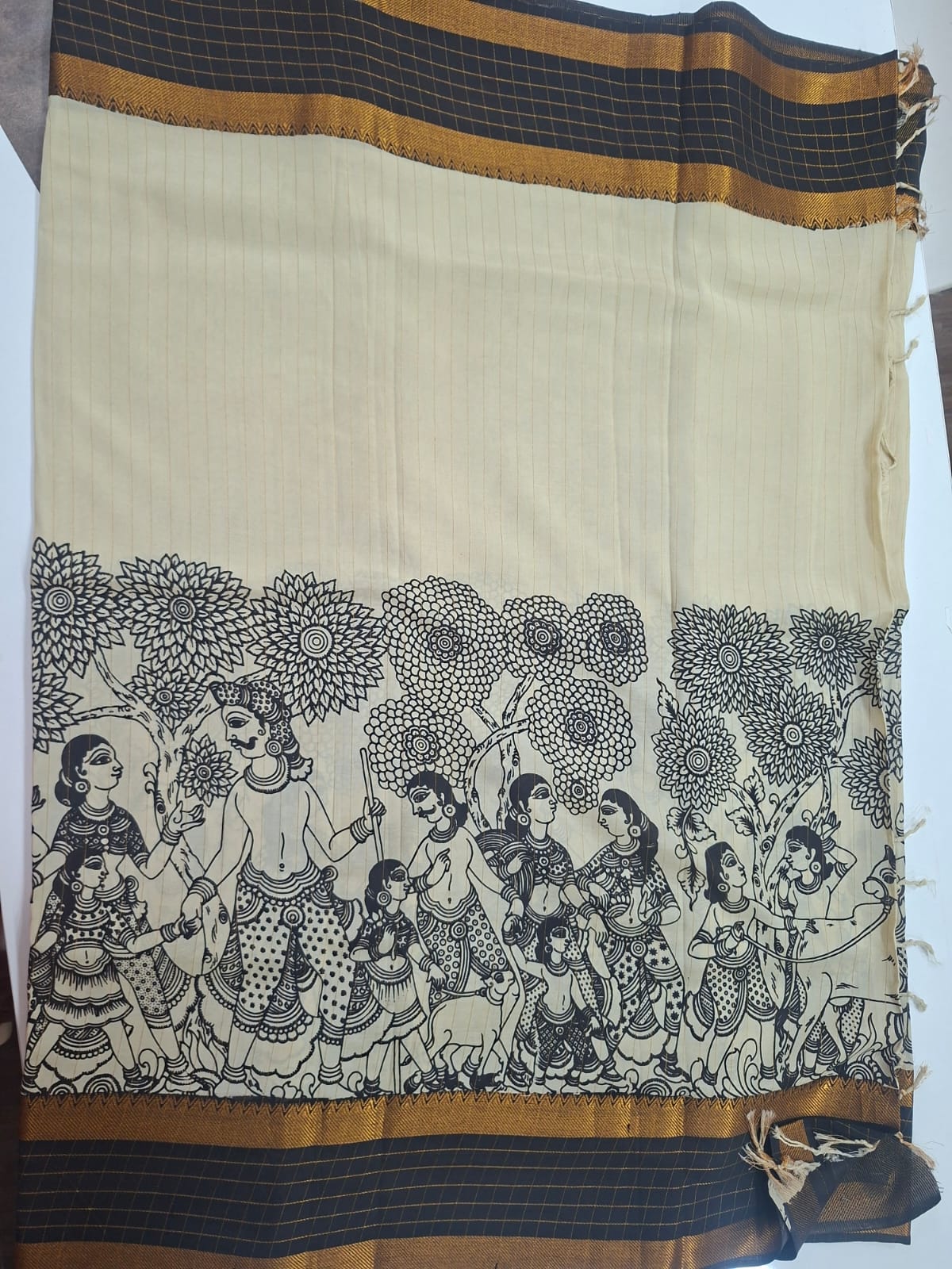pen kalamkari black and white  silk saree