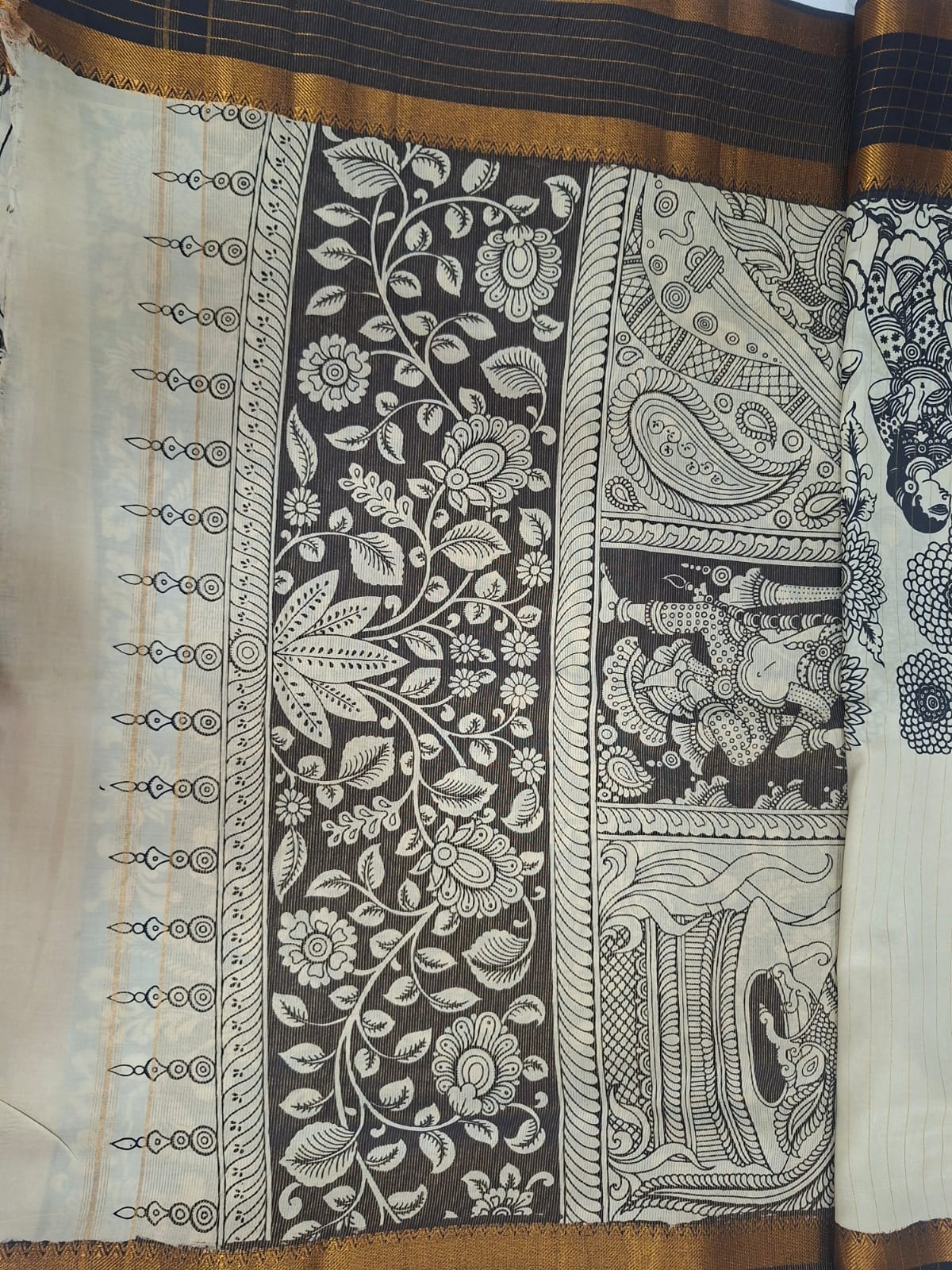 pen kalamkari black and white  silk saree