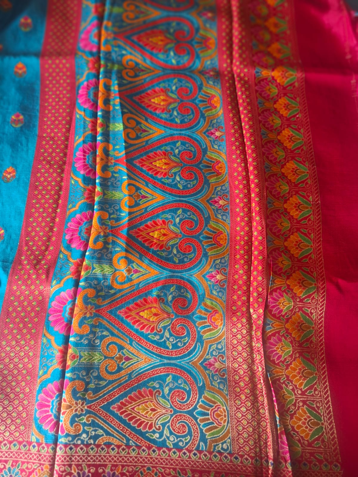 peacock Blue n red pashmina satin crape 1