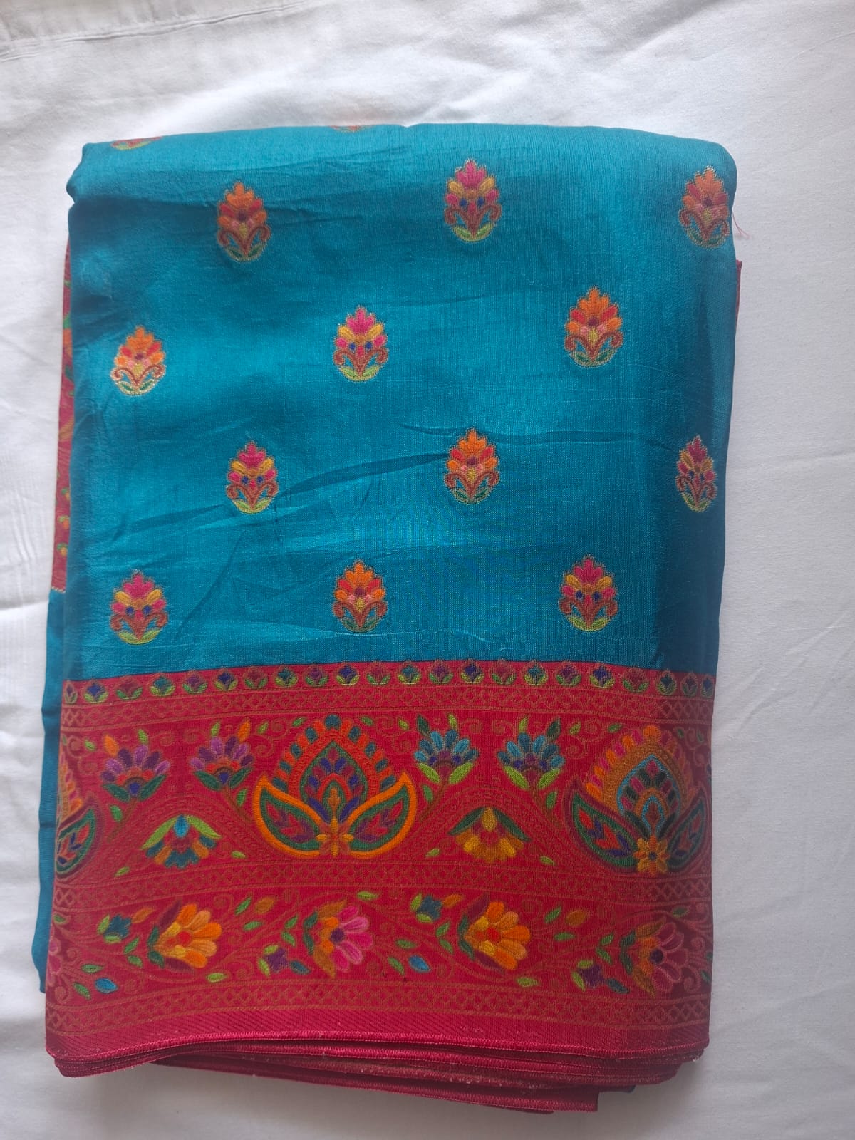 peacock Blue n red pashmina satin crape 1