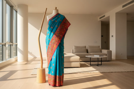 peacock Blue n red pashmina satin crape 1