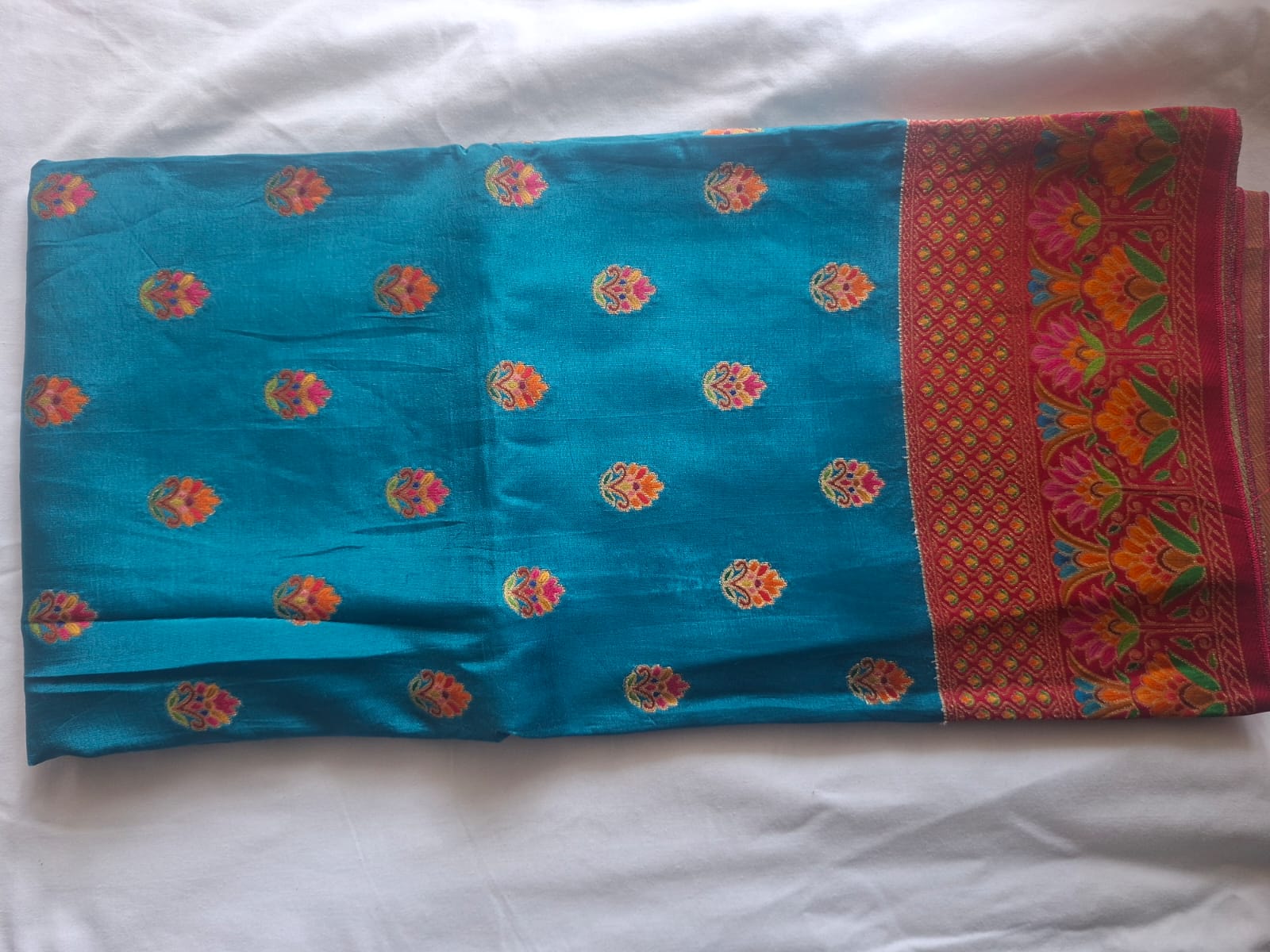 peacock Blue n red pashmina satin crape 1