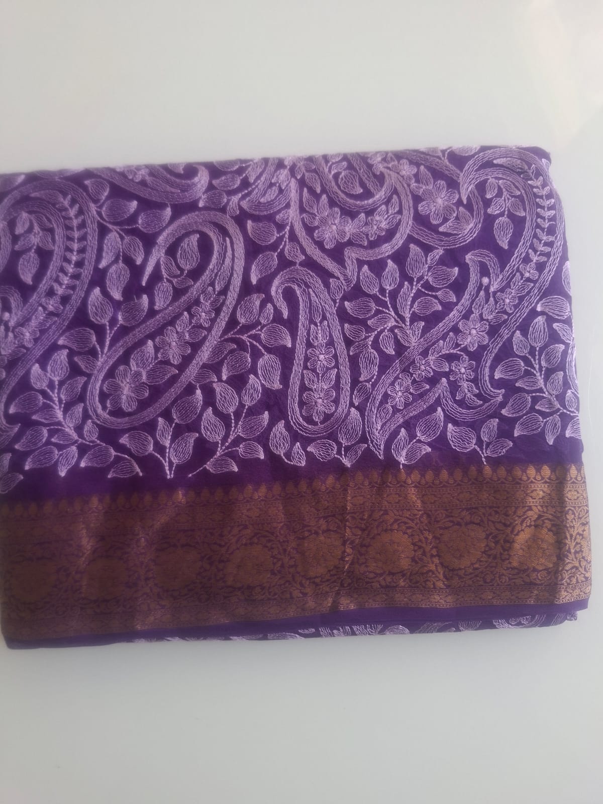 purple pure kaddi chiffon chikankari  saree
